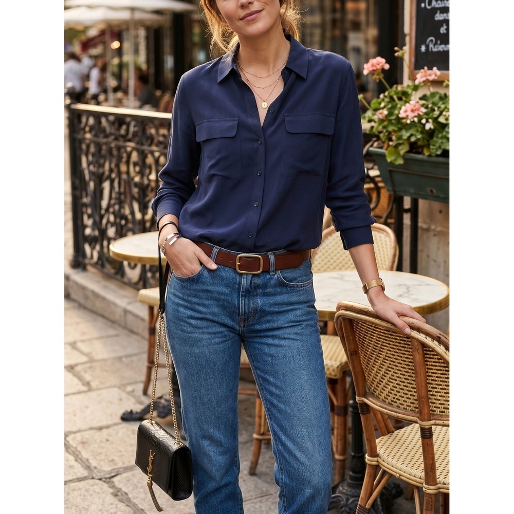NWT Equipment Signature‎ Silk Shirt Blouse Peacoat Navy Size XS $218